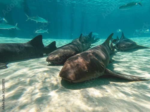 Obraz na płótnie Gros plan sur des requins dans l'eau turquoise des Bahamas.
