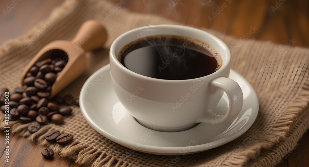 Steaming Cup of Coffee with Coffee Beans Steaming Cup of Coffee with Coffee Beans