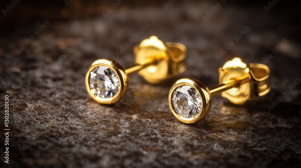 A minimalistic pair of gold earrings with a single sparkling diamond on a jewelry pad. A minimalistic pair of gold earrings with a single sparkling diamond on a jewelry pad.