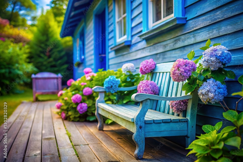 Fototapeta premium Weathered Wooden Bench on Blue Porch with Hydrangeas - Tilt-Shift Photography
