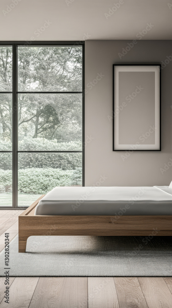 Fototapeta premium Modern minimalist bedroom with large windows and natural light in a peaceful setting