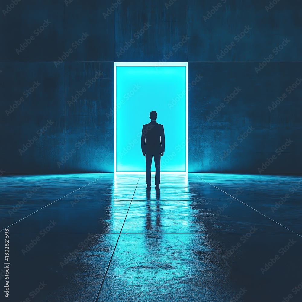 Obraz premium Businessman silhouette in front of glowing blue door, empty room, future career opportunity, stepping into unknown mystery for success