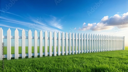 White Picket Fence on White Background - Classic Outdoor Architecture Stock Photo