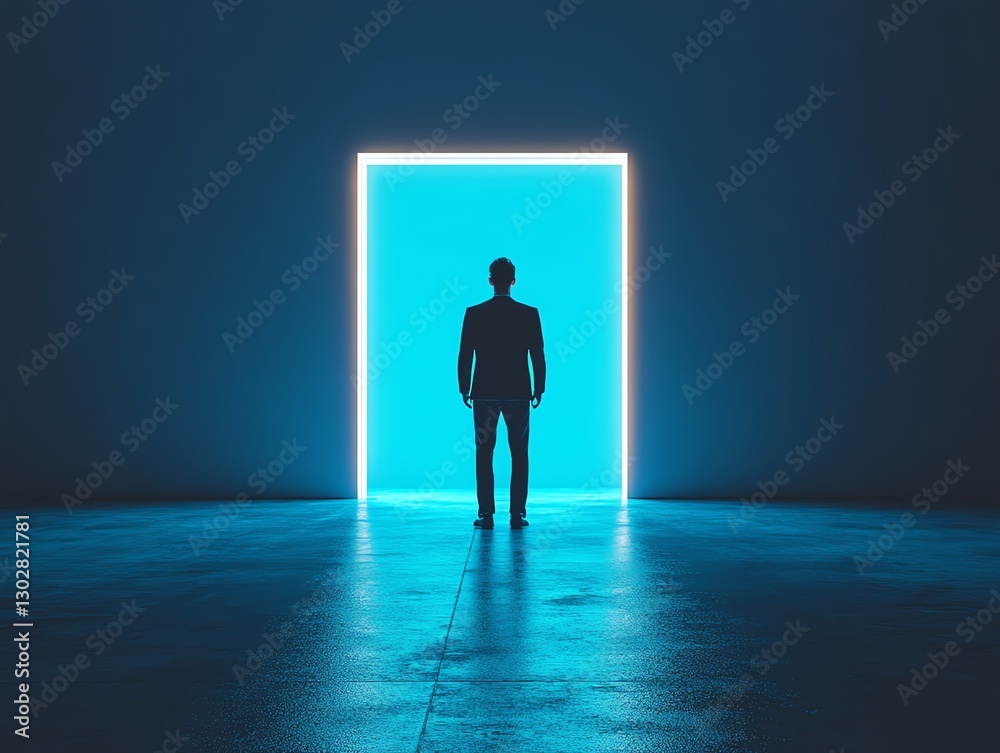 Obraz premium Businessman silhouette in front of glowing blue door, empty room, future career opportunity, stepping into unknown mystery for success