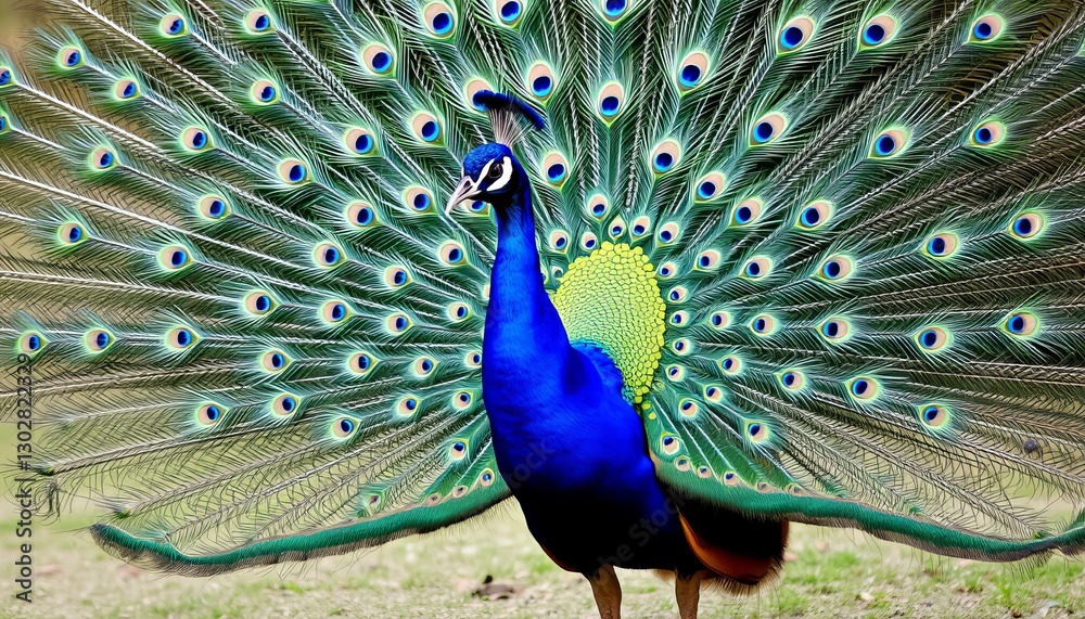 Obraz premium A vibrant male peacock displaying its spectacular feathers in full bloom, showcasing shades of blue and green, exuding beauty and grace.