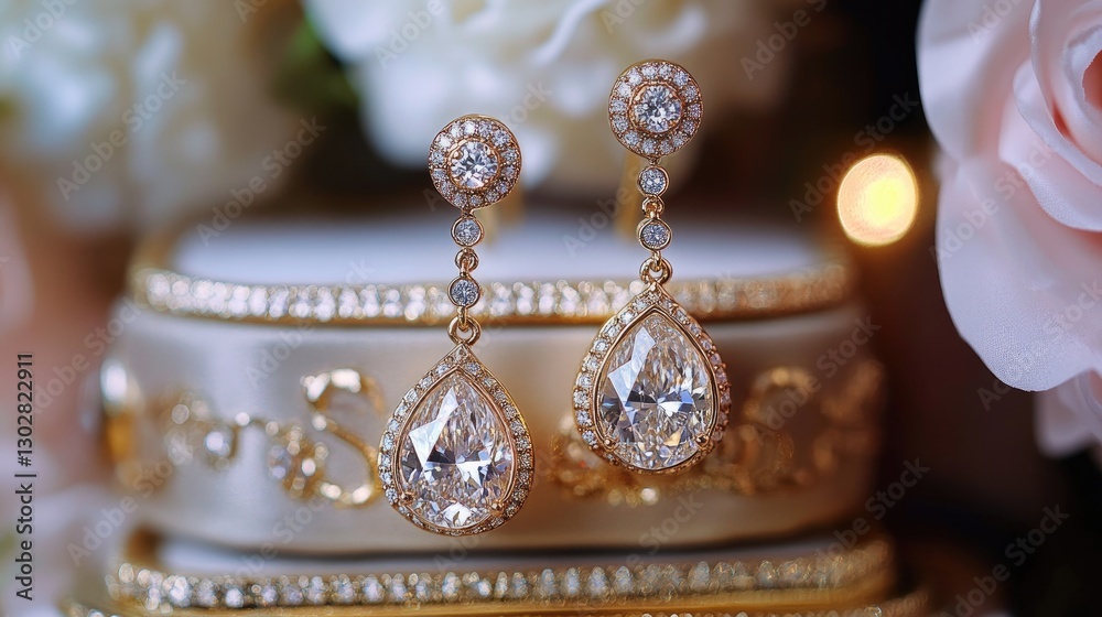 Obraz premium A set of gold drop earrings with sparkling diamonds displayed elegantly on a luxury jewelry box.