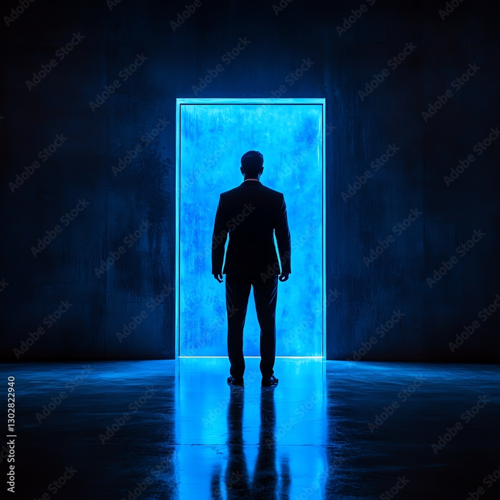 Obraz premium Silhouette of businessman standing before blue glowing door, empty room, stepping into mystery, future opportunity, dream of career success
