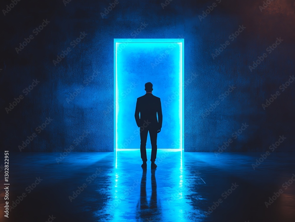 Obraz premium Silhouette of businessman standing before blue glowing door, empty room, stepping into mystery, future opportunity, dream of career success