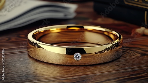 A simple yet elegant gold wedding band with a single small diamond.
