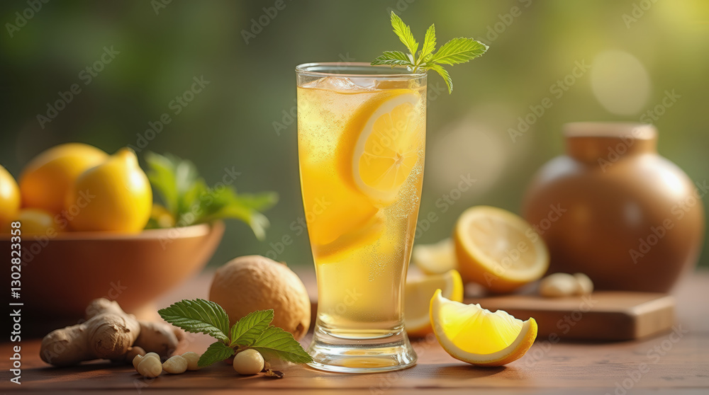 A tall glass filled with lemonade and garnished with fresh mint sits on a wooden table. Nearby are bowls of lemons, ginger, and nuts, creating a vibrant and inviting atmosphere A tall glass filled with lemonade and garnished with fresh mint sits on a wooden table. Nearby are bowls of lemons, ginger, and nuts, creating a vibrant and inviting atmosphere