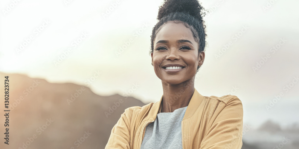Smiling woman in yellow jacket enjoying a sunny outdoor moment with scenic background Smiling woman in yellow jacket enjoying a sunny outdoor moment with scenic background