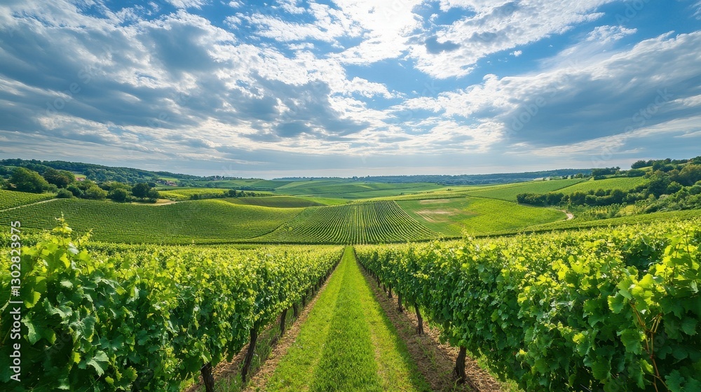 Naklejka premium Breathtaking Landscape of the Champagne Region in France: Lush Vineyards Under a Bright Summer Sky