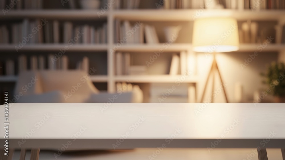 Sleek white rectangular wooden table with soft lighting and blurred cozy reading corner background featuring armchair and bookshelf
