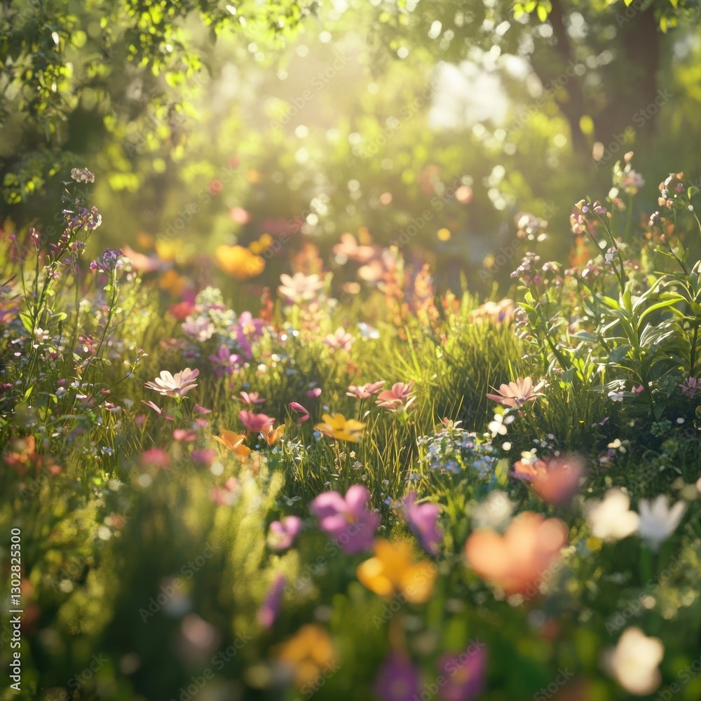 Fototapeta premium Blooming Wildflower Meadow with Sunlight Filtering Through Trees Springtime Scene