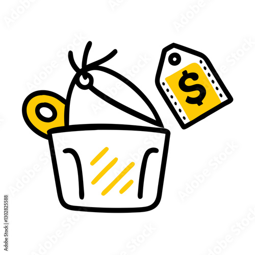 Icon representing a bargain bin filled with assorted items and a price tag, symbolizing discounts and thrifty shopping habits