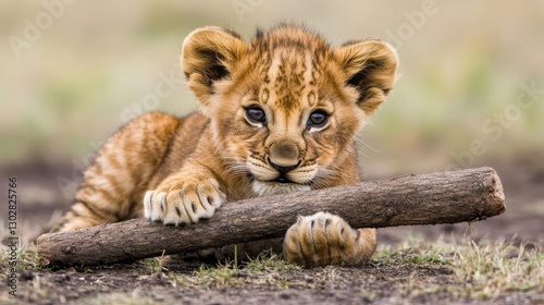 Playful Lion Cub Resting with a Stick in a Natural Setting