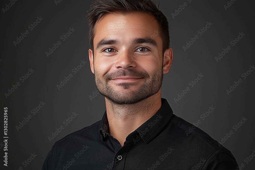 Fototapeta premium A man with a beard and short hair wearing a black shirt against a dark background