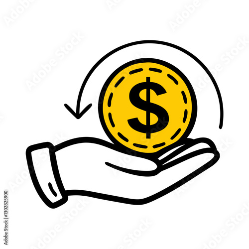 Hand holding a coin representing cash back offers and rewards in a simple vector style