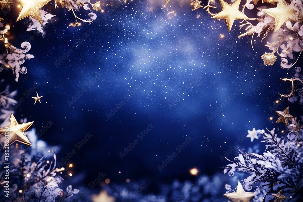 Fototapeta premium Starry Night Sky with Glittering Stars and Snowflakes Framing the Edges