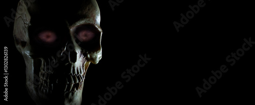 Glowing purple eyes on a human skull