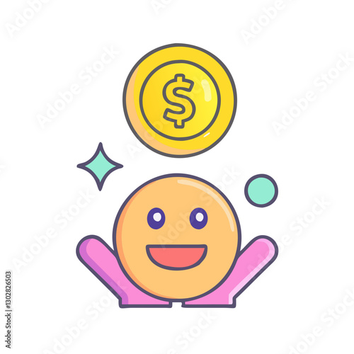 Happy savings icon depicting joyful character celebrating financial success with a dollar coin overhead in a colorful vector design