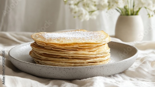 Stack of Crepes (French Pancakes) on a Plate with Copy Space