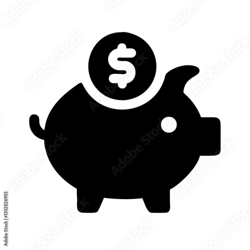 Piggy bank icon featuring a dollar coin being inserted, symbolizing savings and financial planning in a simple vector design