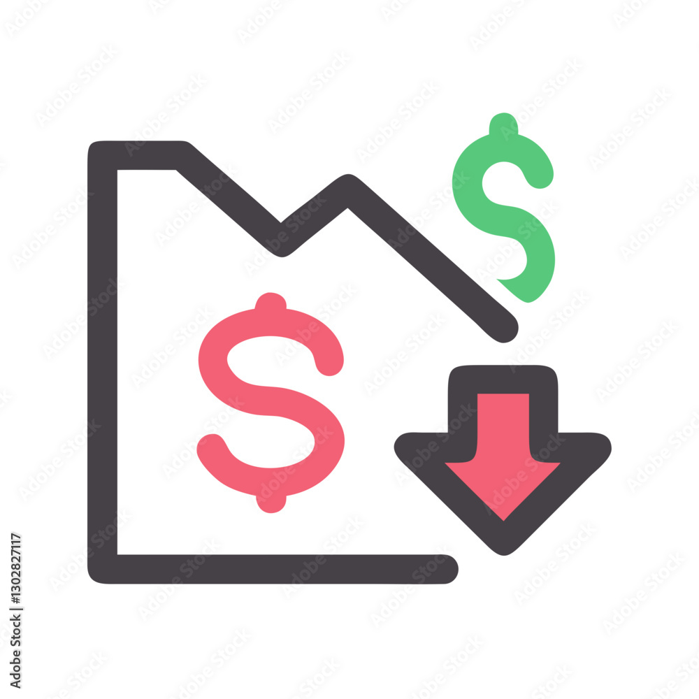 Price reduction icon depicting downward trend in financial growth with dollar symbols highlighting decrease in value Price reduction icon depicting downward trend in financial growth with dollar symbols highlighting decrease in value