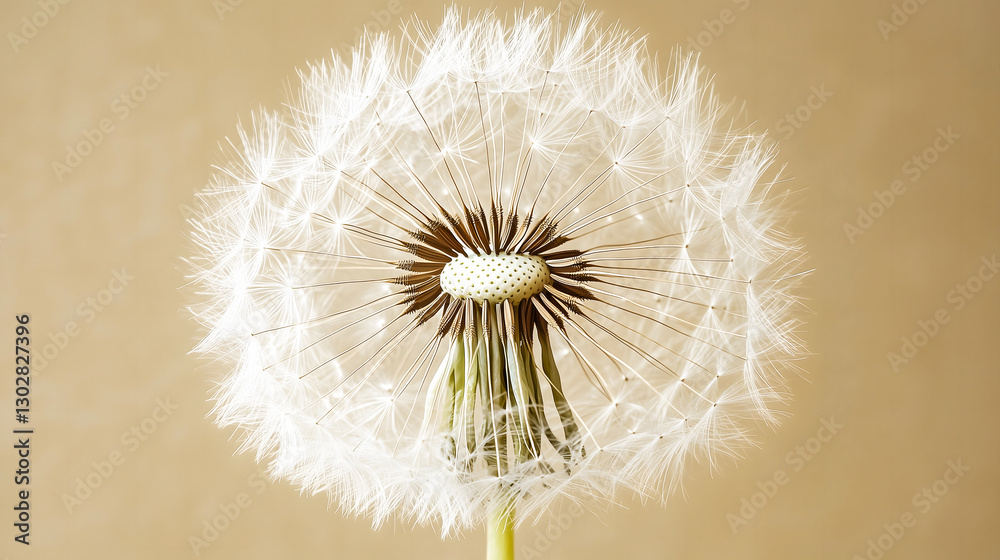 Fototapeta premium Close-up of a delicate white dandelion seed head, with intricate feathery seeds radiating symmetrically, set against a soft, neutral beige background. 