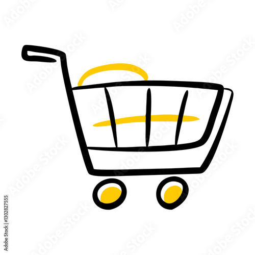 Simple vector icon of a shopping cart featuring a yellow handle and wheels, designed to represent retail shopping and consumer activities