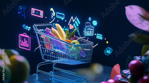 A digital shopping cart filled with colorful fruits, set against a dark background featuring glowing icons and data visualizations related to online shopping.