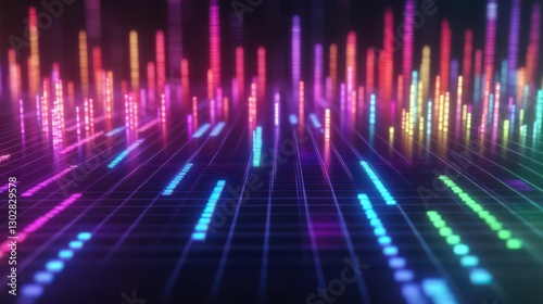 A vivid spectrum of sound waves animating across a grid in a dark setting