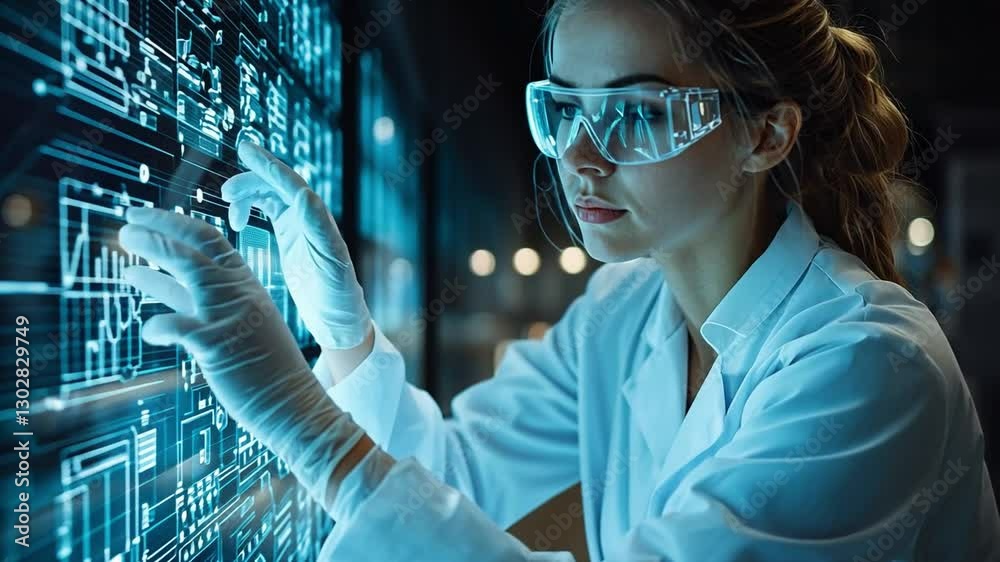 Cybernetic Researcher: A focused female researcher in a sleek, modern lab environment, interacts with a vibrant holographic interface. The scientist, clad in safety goggles and gloves.