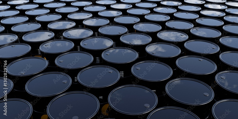 Fototapeta premium Black metal oil barrels with drop symbols outdoors storage from above