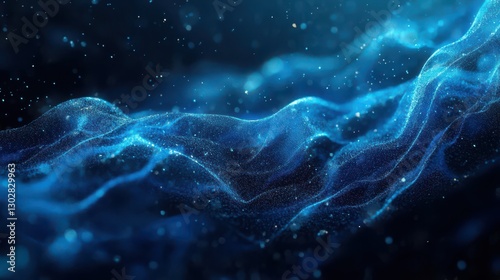 Abstract Blue wave particle Flow. Turbulent and flowing water and blue liquid particles. Great for event, concert, title, presentation, music, 