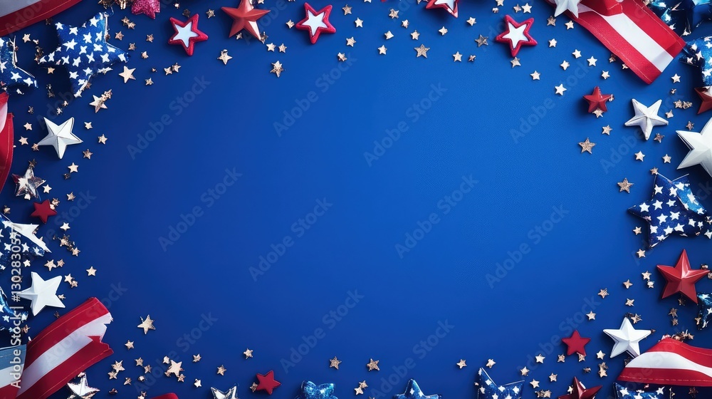 Obraz premium A festive, flat lay composition featuring red, white, and blue striped ribbons,
