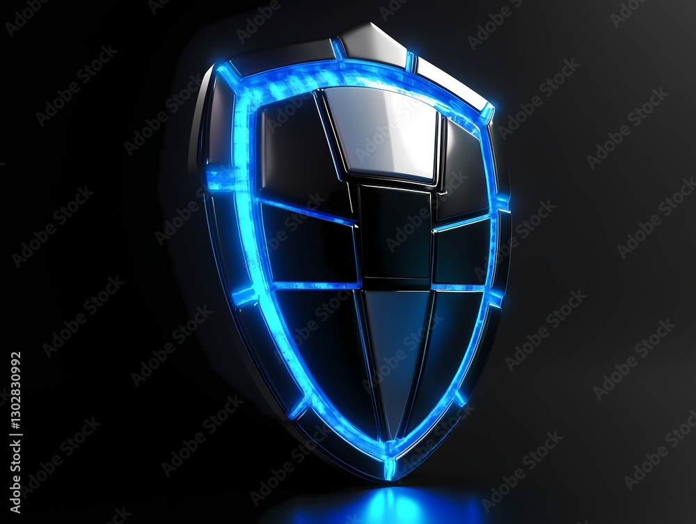 Dark metallic shield with neon blue edge lighting in technological style Dark metallic shield with neon blue edge lighting in technological style