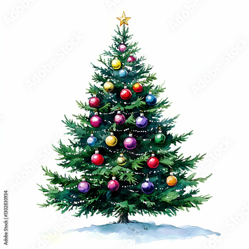 Christmas tree with colorful ornaments clip art on a white background