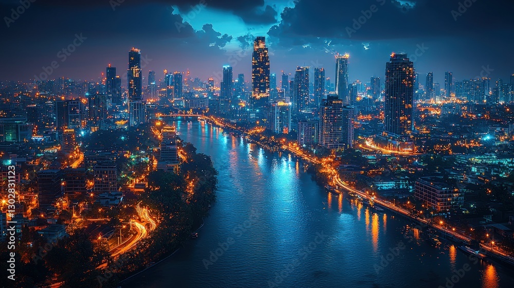 Fototapeta premium Night cityscape with river, skyscrapers, and city lights.