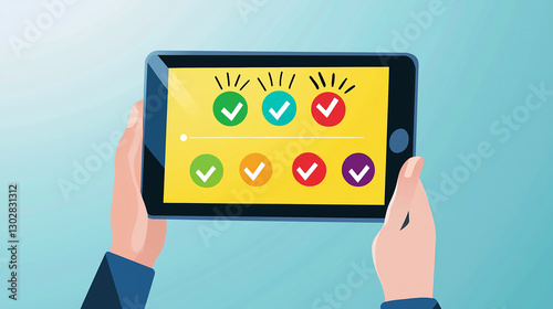 A person holds a tablet displaying colorful checkmarks on a bright yellow background, indicating tasks or goals achieved.