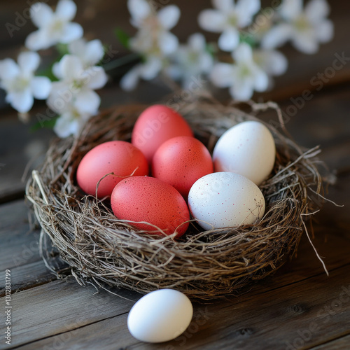 An Easter nest with plain red and white eggs, there are also a few eggs next to the nest 
