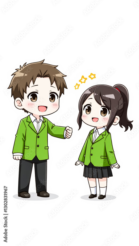 two smiling children in green blazers a cheerful two smiling children in green blazers a cheerful