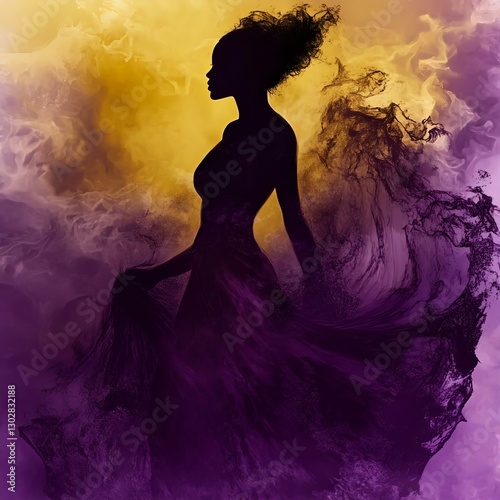 A stunning silhouette of a woman in an elegant pose, surrounded by vibrant purple and yellow smoke, symbolizing beauty and ethereal grace.