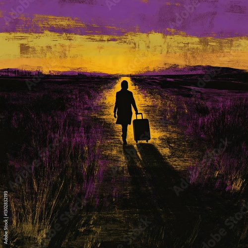 A silhouette of a traveler with a suitcase walking along a desolate road during a vibrant sunset, blending colors of purple and golden shades.