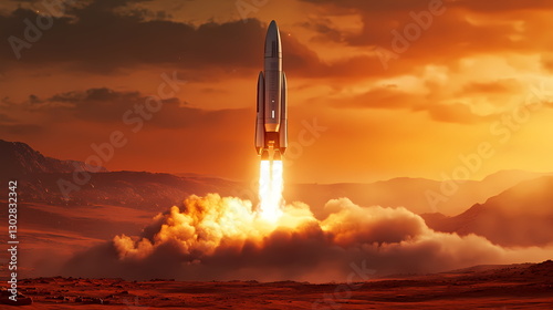 Spaceship launching from mars surface at sunset with red planet landscape