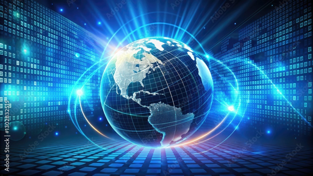 Global Network, Binary Code, Earth, Digital Technology, Minimalist Blue Background, Data Transfer, Internet Connection, Glowing Planet Global Network, Binary Code, Earth, Digital Technology, Minimalist Blue Background, Data Transfer, Internet Connection, Glowing Planet