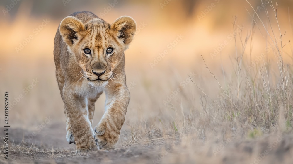 Fototapeta Young Lion Cub Walking Through a Sunny Grassland Landscape