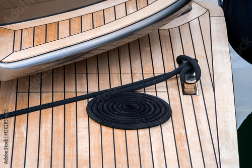 Tableau sur toile Details on mooring lines of a large yacht with teak deck and dark line around st