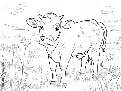 Cartoon Coloring Page of a cow, on white background. 