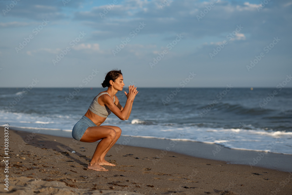 A woman in a focused squat pose on the beach, with hands in a prayer position, balancing strength and tranquility as the waves gently lap behind her A woman in a focused squat pose on the beach, with hands in a prayer position, balancing strength and tranquility as the waves gently lap behind her